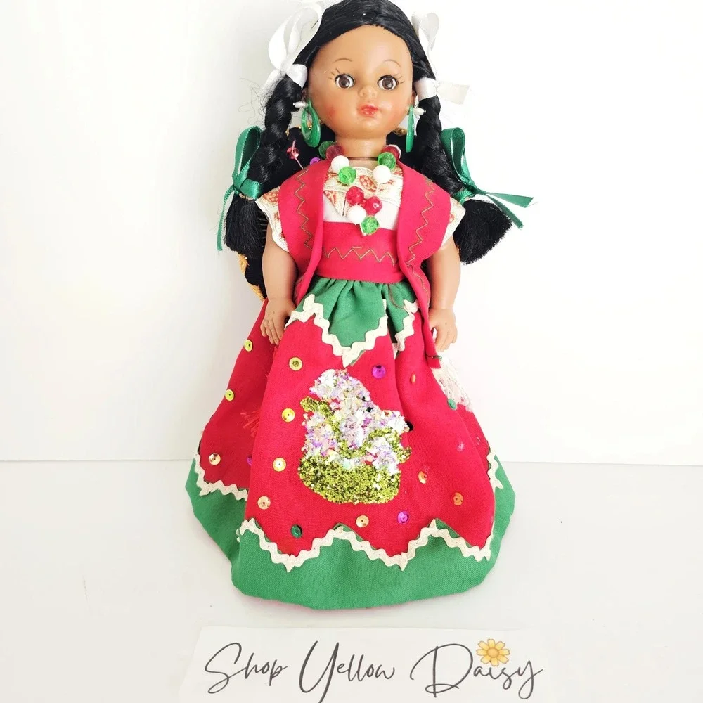 Vintage Mexican‎ Souvenir Doll China Poblana Red Green Dress Sombrero 10.5in